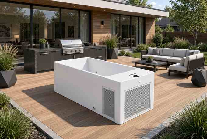 Ледяная ванна Aquajoy All-In White на деревянной террасе, вид сверху