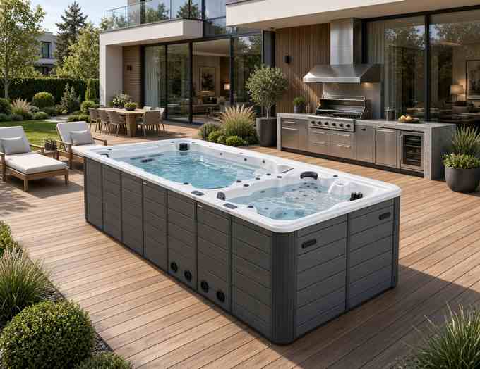 Свим-спа бассейн Aquajoy Equilibrium среди сада, вид сверху