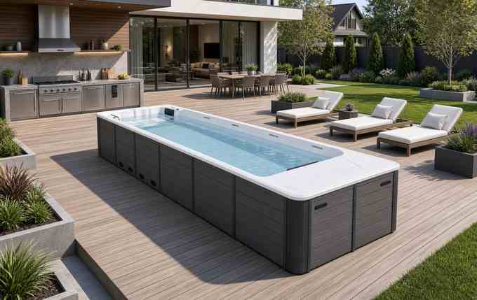 Свим-спа бассейн Aquajoy Infinity — пловец преодолевает дистанцию