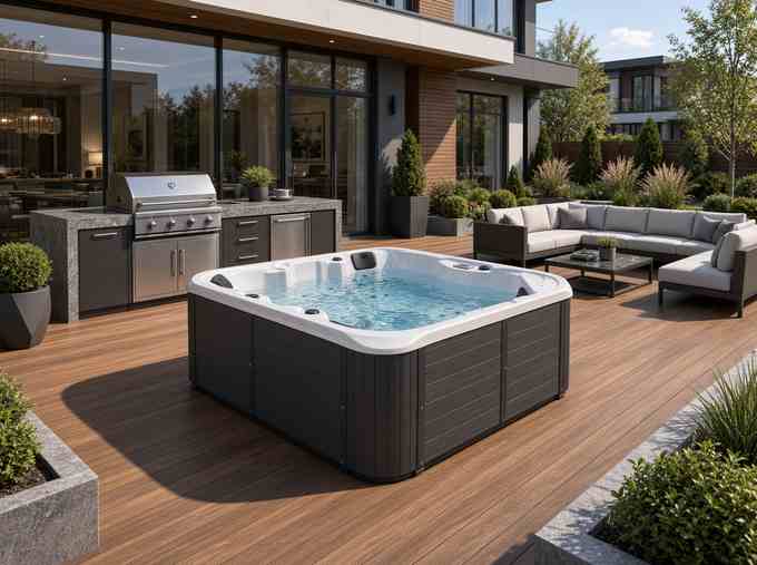 СПА-бассейн Aquajoy Riviera зимой на террасе под снегом