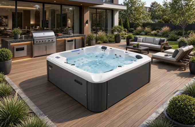 СПА-бассейн Aquajoy Santorini в двух цветах на чёрном песке