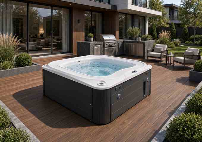 Переливной СПА-бассейн Aquajoy Serenity на деревянной террасе